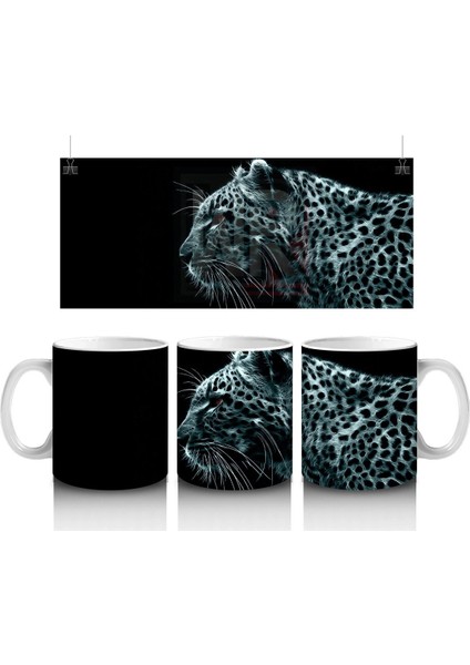 Siyah Zeminde Parlak Gözlü Leopar Portresi – Baskılı Kahve Kupası