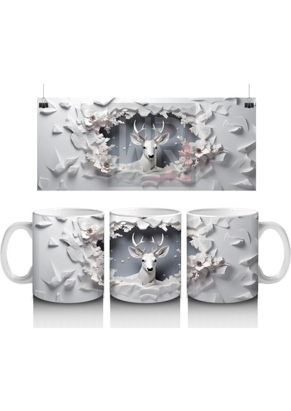 Beyaz Çiçeklerle Süslenmiş Çatlak Zeminden Bakan Geyik - Baskılı Kahve Kupası