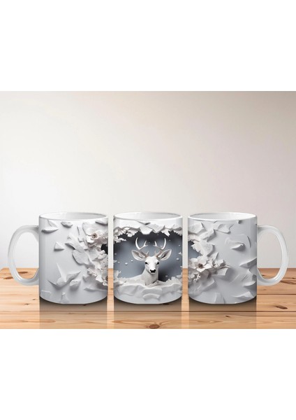 Beyaz Çiçeklerle Süslenmiş Çatlak Zeminden Bakan Geyik - Baskılı Kahve Kupası indirimleri