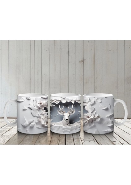 Beyaz Çiçeklerle Süslenmiş Çatlak Zeminden Bakan Geyik - Baskılı Kahve Kupası