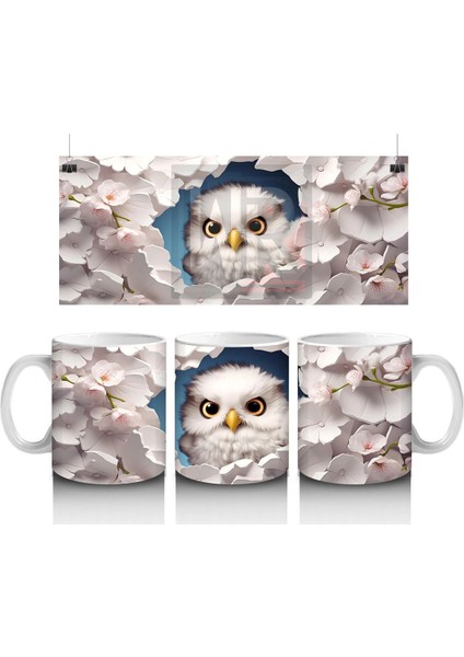 Kiraz Çiçeği Detaylı Sevimli Baykuş – Baskılı Kahve Kupası