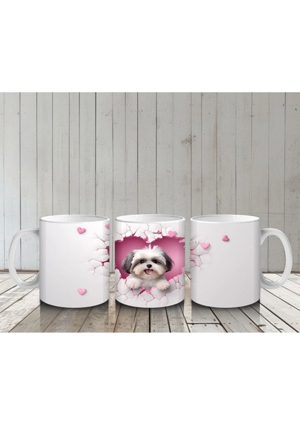 Pembe Kalplerle Süslenmiş Yavru Köpek – Baskılı Kahve Kupası