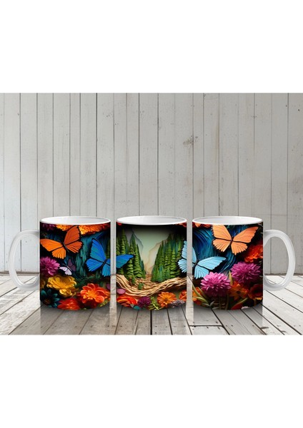 Renkli Cam Mozaik Desenli Mavi ve Turuncu Kelebekler – Baskılı Kahve Kupası