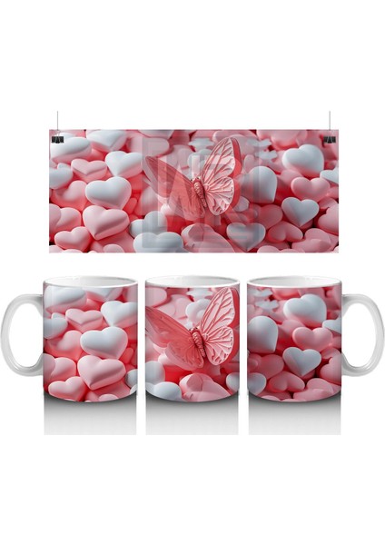 Kalplerin Arasında Uçan Şeffaf Kanatlı Kelebek – Baskılı Kahve Kupası
