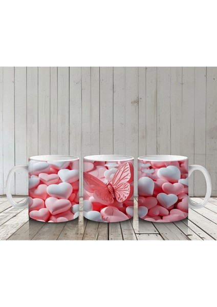 Kalplerin Arasında Uçan Şeffaf Kanatlı Kelebek – Baskılı Kahve Kupası