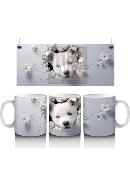 Beyaz Çiçekli Fon Üzerinde Sevimli Yavru – Baskılı Kahve Kupası