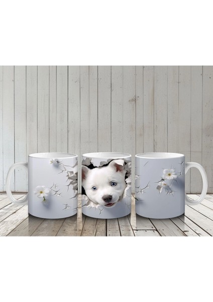 Beyaz Çiçekli Fon Üzerinde Sevimli Yavru – Baskılı Kahve Kupası