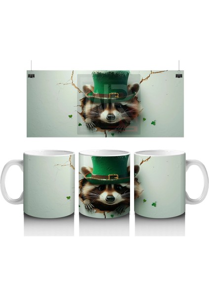 St. Patrick Şapkalı Tüylü Rakun – Baskılı Kahve Kupası