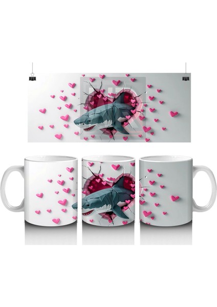 Kalplerle Süslenmiş Duvar Arasında Mavi Köpekbalığı - Baskılı Kahve Kupası