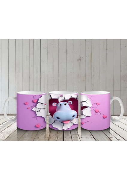 Mor Kalpli Çatlaktan Bakan Sevimli Su Aygırı – Baskılı Kahve Kupası