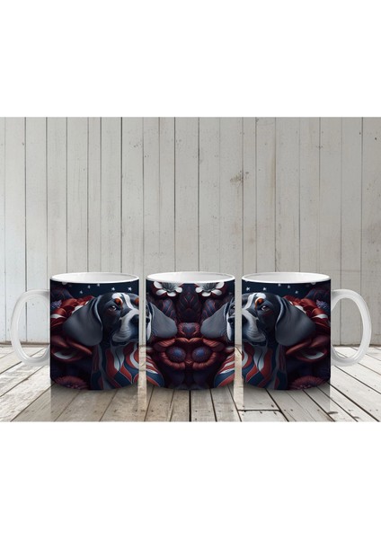 Kırmızı Gotik Kalpli Desenlerle Basset Hound Kupa Bardak