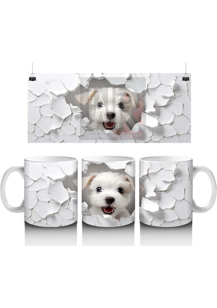 Beyaz Çiçekli Duvarı Delen Sevimli Köpek – Baskılı Kahve Kupası