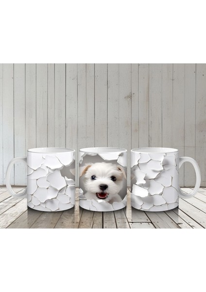 Beyaz Çiçekli Duvarı Delen Sevimli Köpek – Baskılı Kahve Kupası