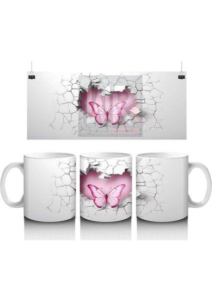 Gri Duvarda Çift Kanatlı Pembe Kelebek – Baskılı Kahve Kupası