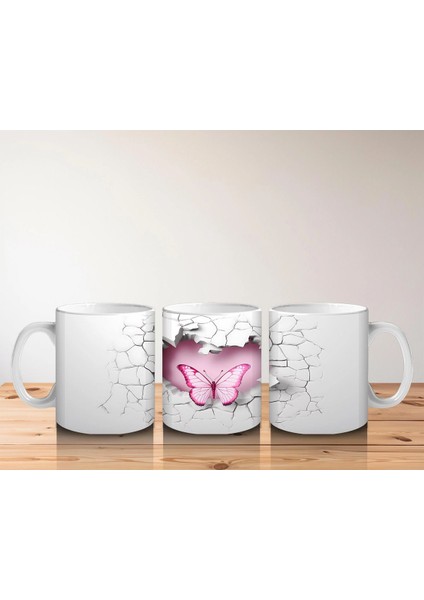 Gri Duvarda Çift Kanatlı Pembe Kelebek – Baskılı Kahve Kupası indirimleri