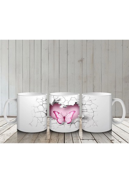 Gri Duvarda Çift Kanatlı Pembe Kelebek – Baskılı Kahve Kupası