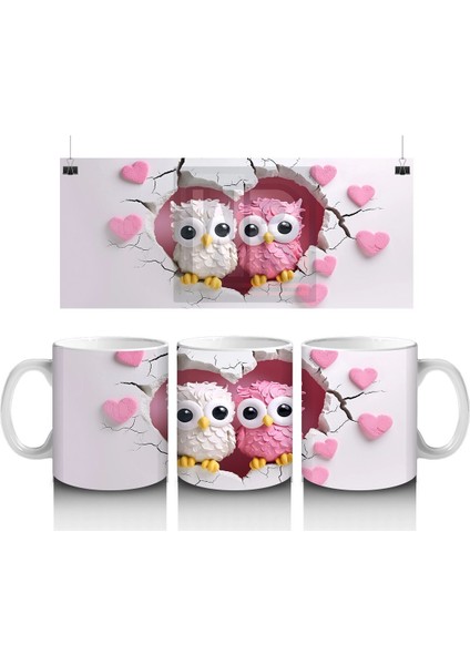 Kalpli Arka Planda Renkli Baykuş Çifti – Baskılı Kahve Kupası