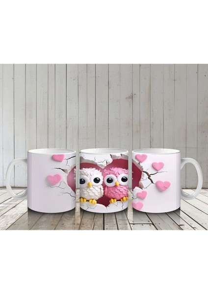 Kalpli Arka Planda Renkli Baykuş Çifti – Baskılı Kahve Kupası