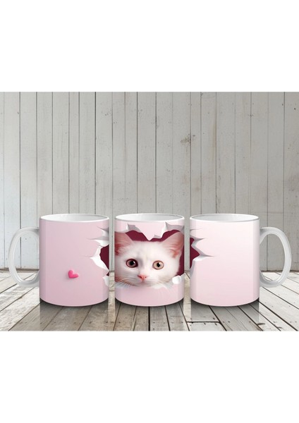 Pembe Kalplerle Süslenmiş Sevimli Kedi – Baskılı Kahve Kupası