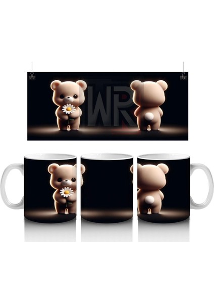 Çiçek Tutan Sevimli Ayıcık Figürü – Baskılı Kahve Kupası