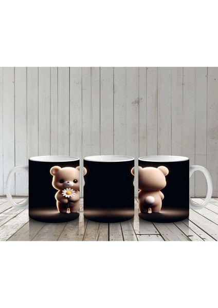 Çiçek Tutan Sevimli Ayıcık Figürü – Baskılı Kahve Kupası
