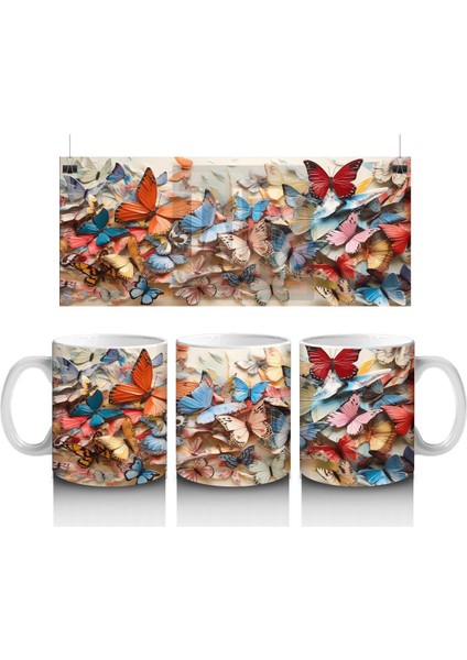 Renkli Çiçek Bahçesinde Uçan Kelebekler – Baskılı Kahve Kupası