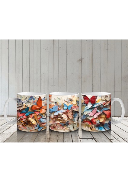 Renkli Çiçek Bahçesinde Uçan Kelebekler – Baskılı Kahve Kupası