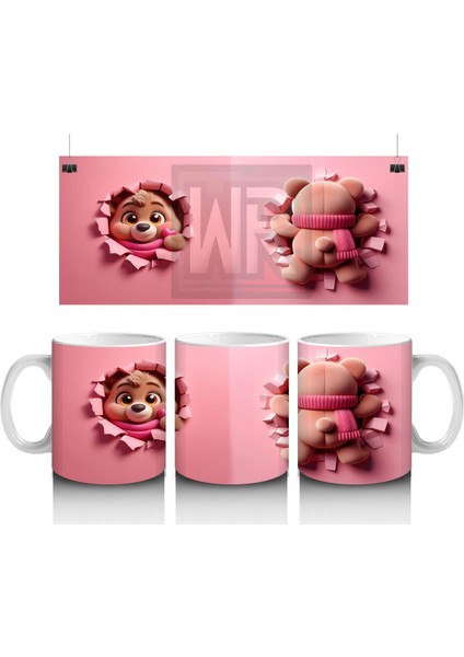 Ön ve Arka Görünümle Sevimli Pembe Bereli Köpek Figürü - Baskılı Kahve Kupası