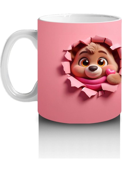 Ön ve Arka Görünümle Sevimli Pembe Bereli Köpek Figürü - Baskılı Kahve Kupası fiyatları