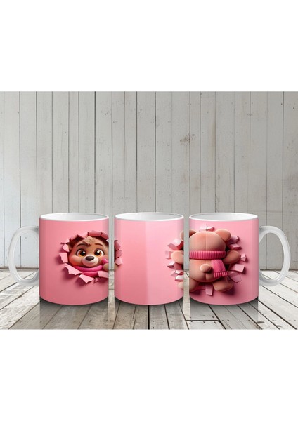 Ön ve Arka Görünümle Sevimli Pembe Bereli Köpek Figürü - Baskılı Kahve Kupası