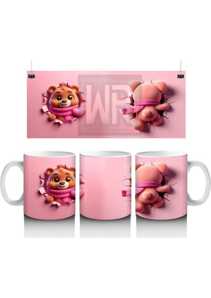 Kalpli Figür Tutan Sevimli Ayıcık Karakteri (Pembe Şal Detaylı) - Baskılı Kahve Kupası