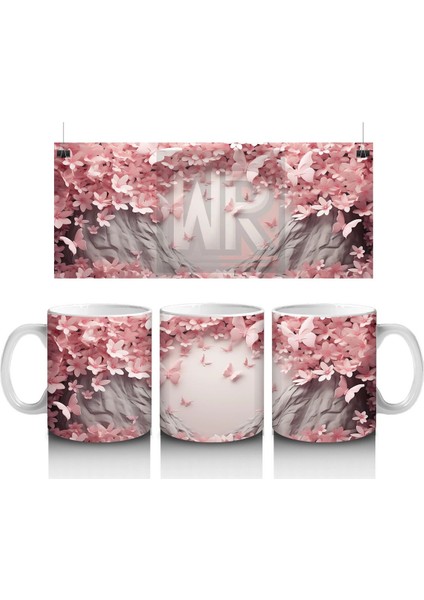 Kiraz Çiçekleriyle Çerçeveli Kelebkli Bahar Teması - Baskılı Kahve Kupası
