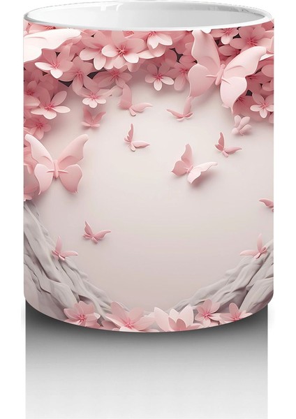 Kiraz Çiçekleriyle Çerçeveli Kelebkli Bahar Teması - Baskılı Kahve Kupası modelleri