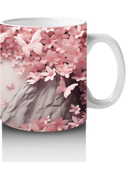 Kiraz Çiçekleriyle Çerçeveli Kelebkli Bahar Teması - Baskılı Kahve Kupası fırsatları