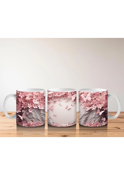 Kiraz Çiçekleriyle Çerçeveli Kelebkli Bahar Teması - Baskılı Kahve Kupası indirimleri