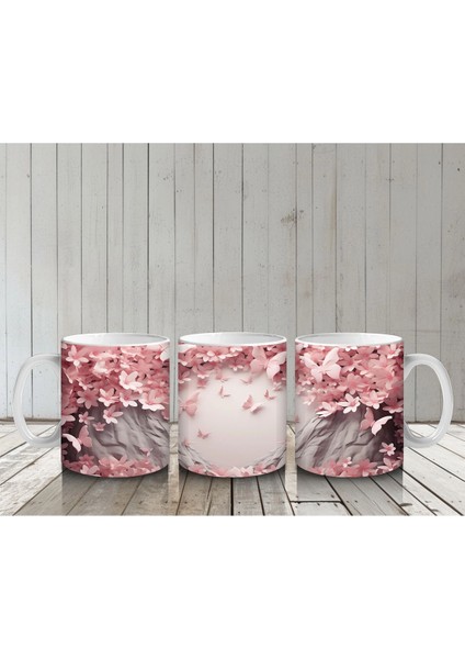 Kiraz Çiçekleriyle Çerçeveli Kelebkli Bahar Teması - Baskılı Kahve Kupası