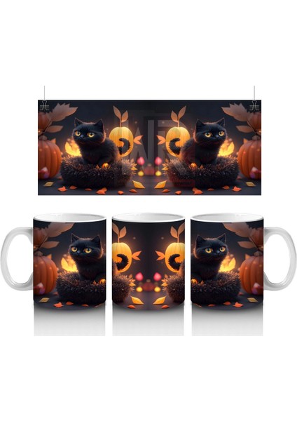 Sonbahar Yaprakları Arasında Gizlenen Siyah Kediler – Baskılı Kahve Kupası