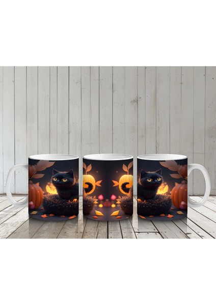 Sonbahar Yaprakları Arasında Gizlenen Siyah Kediler – Baskılı Kahve Kupası