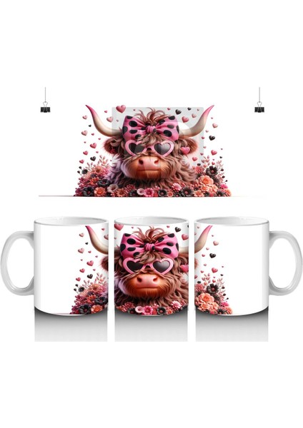 Çiçekler ve Kalplerle Süslenmiş Boğa Figürü – Baskılı Kahve Kupası