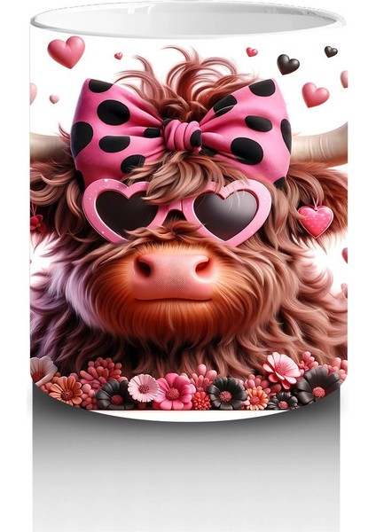 Çiçekler ve Kalplerle Süslenmiş Boğa Figürü – Baskılı Kahve Kupası modelleri