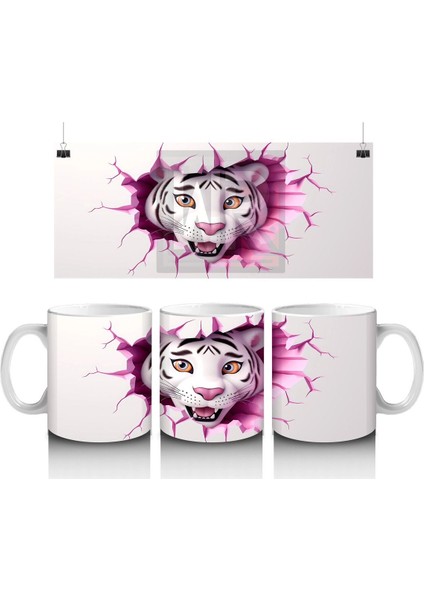 Pembe Çatlak Zeminden Bakan Beyaz Kaplan Figürü - Baskılı Kahve Kupası