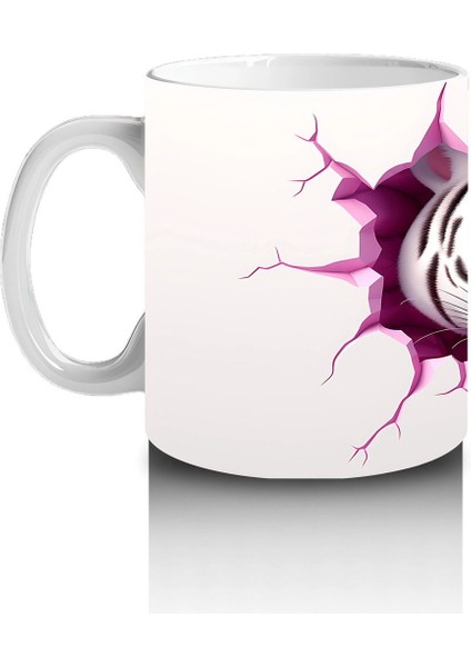 Pembe Çatlak Zeminden Bakan Beyaz Kaplan Figürü - Baskılı Kahve Kupası fiyatları