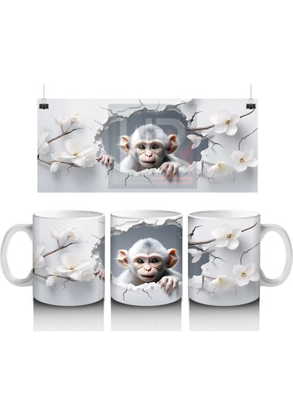 Beyaz Çiçekler Arasında Meraklı Maymun Figürü - Baskılı Kahve Kupası