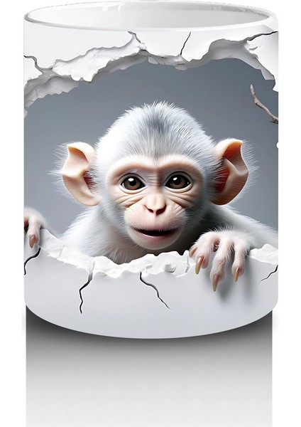 Beyaz Çiçekler Arasında Meraklı Maymun Figürü - Baskılı Kahve Kupası modelleri