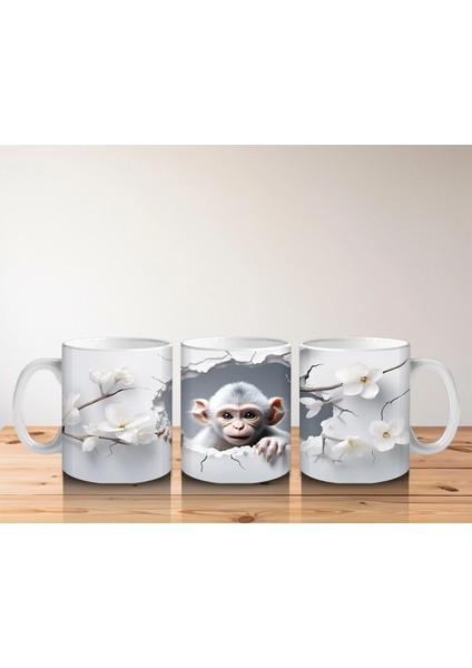 Beyaz Çiçekler Arasında Meraklı Maymun Figürü - Baskılı Kahve Kupası indirimleri