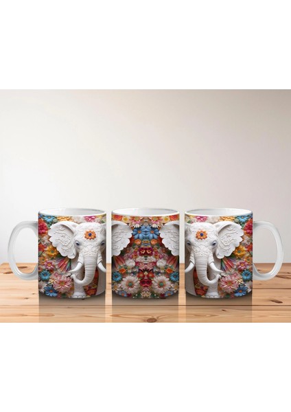 Çiçekli Arka Planda Fildişi Renkli Fil Figürü – Baskılı Kahve Kupası indirimleri
