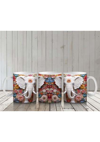 Çiçekli Arka Planda Fildişi Renkli Fil Figürü – Baskılı Kahve Kupası