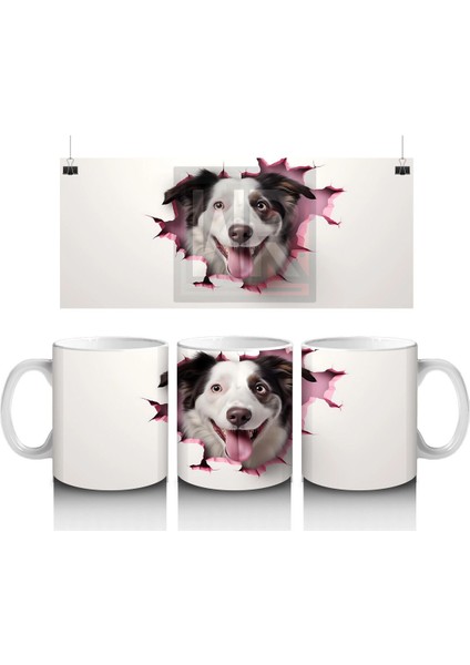 Pembe Yırtık Etkili Desende Gülümseyen Köpek – Baskılı Kupa