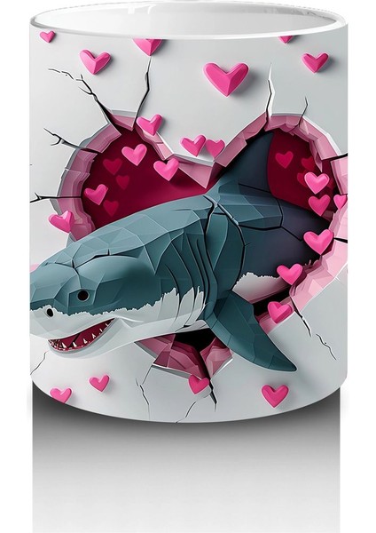 Kalplerle Süslenmiş Duvar Arasında Mavi Köpekbalığı - Baskılı Kahve Kupası modelleri