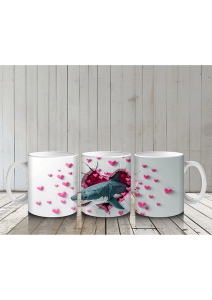 Kalplerle Süslenmiş Duvar Arasında Mavi Köpekbalığı - Baskılı Kahve Kupası